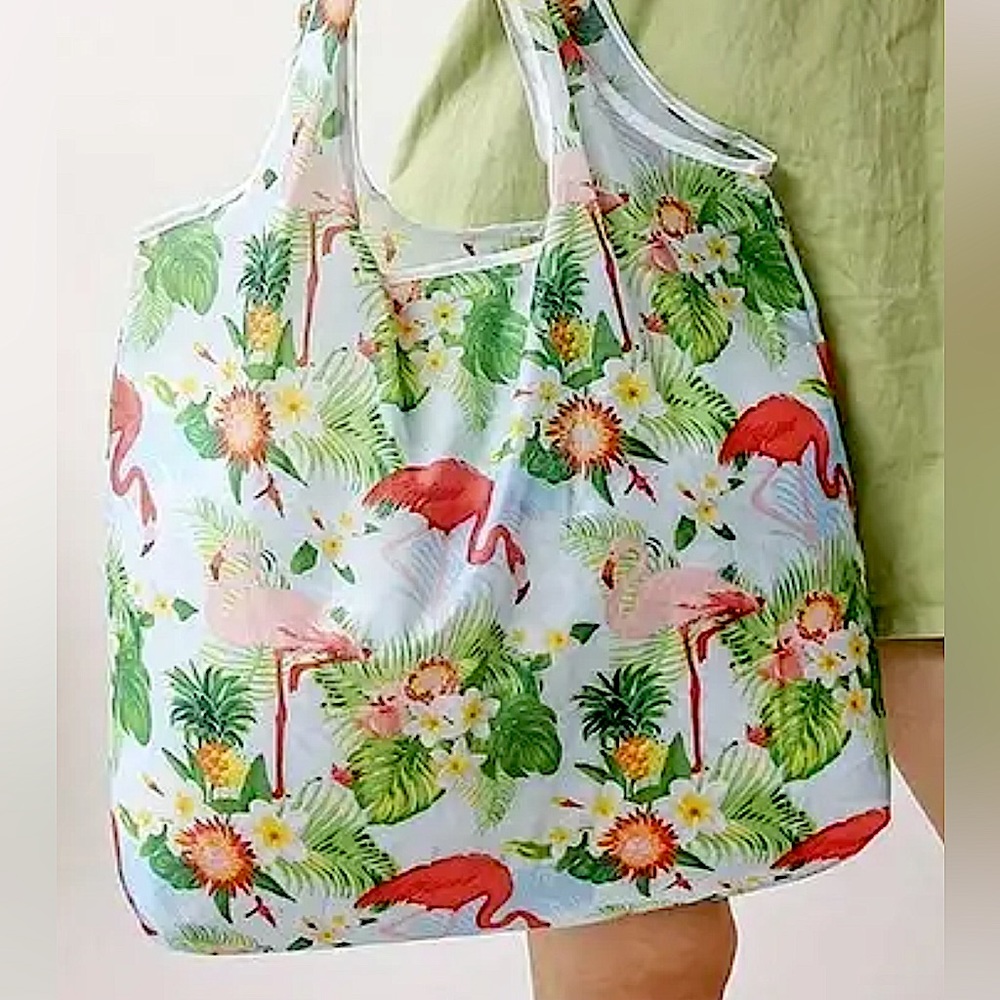 Large Tropical Pink Flamingos Shopping Tote Bag Leaves & Flowers